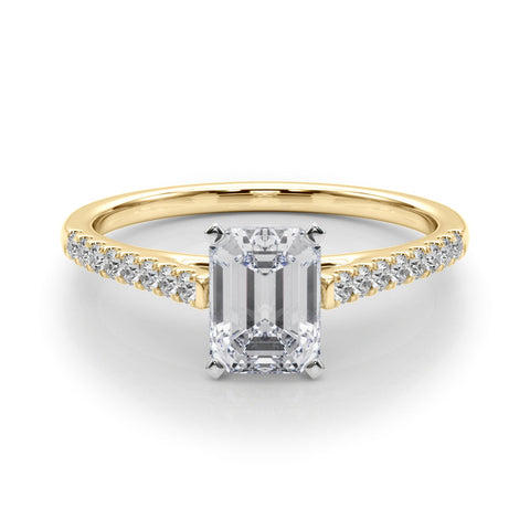 Yellow gold Emerald Cut Solitaire Diamond Ring with Pave Band and Four-Prong Setting