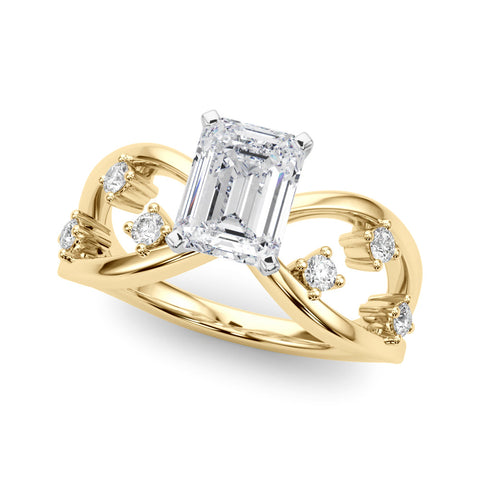 Yellow gold Emerald Cut Solitaire Diamond with Side Stones on Criss-Cross Band and Four-Prong Setting