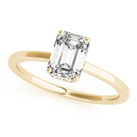 Yellow gold Radiant Cut Solitaire Engagement Ring with Four-Prong Setting on a Classic Band