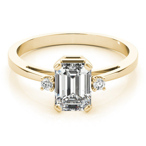 Yellow gold Radiant Cut Three-Stone Solitaire Ring with Round Accent Diamonds and Four-Prong Setting