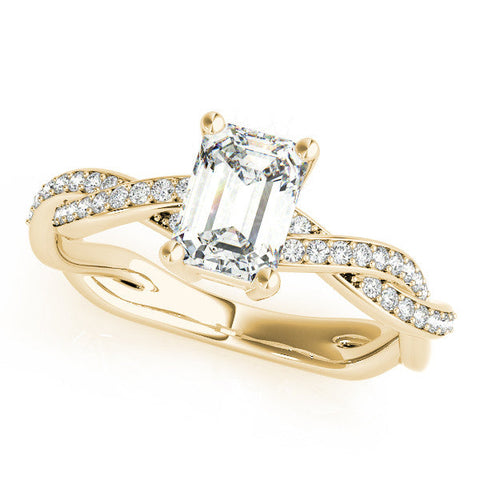 Yellow gold Fancy Green Emerald  Cut Twisted Pavé Band Solitaire Ring with Four-Prong Setting