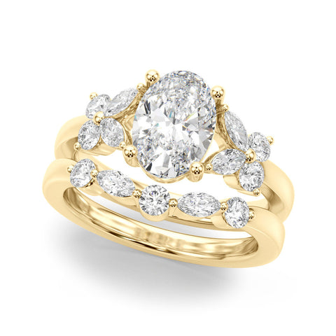 Yellow gold Radiant Diamond Floral Cluster Ring with Solitaire Band and Prong Setting