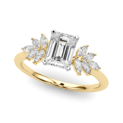 Yellow gold Radiant Diamond Floral Side Stone Solitaire with Marquise Accents and Four-Prong Setting