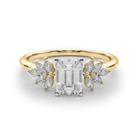 Yellow gold Emerald Diamond Floral Side Stone Solitaire with Marquise Accents and Four-Prong Setting