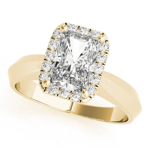 Yellow gold Emerald Halo Diamond Ring with Cathedral Band and Four-Prong Setting