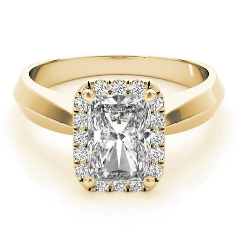 Yellow gold Emerald Halo Diamond Ring with Cathedral Band and Four-Prong Setting