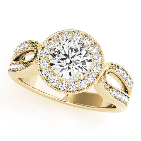 Yellow gold Round Halo Split Shank Milgrain Diamond Ring