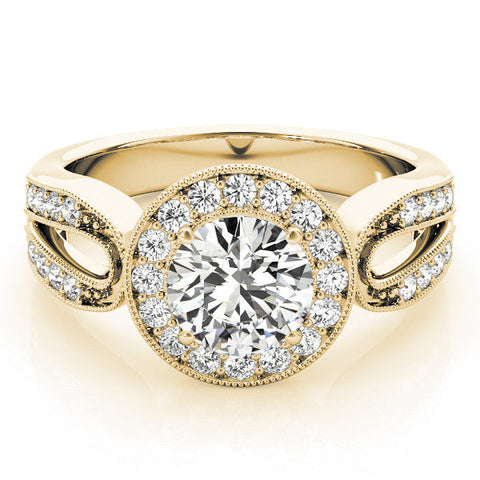 Yellow gold Round Halo Split Shank Milgrain Diamond Ring