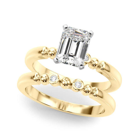 Yellow gold Emerald Solitaire Beaded Band with Four-Prong Setting