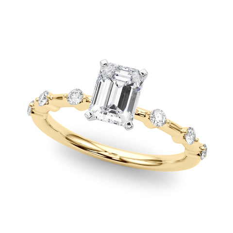 Yellow gold Radiant Solitaire Diamond Ring with Bezel Set Side Stones and Prong Setting