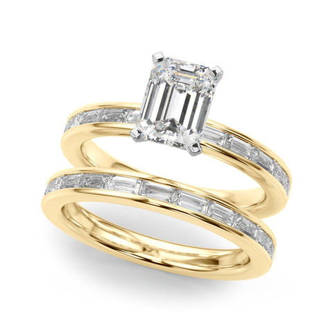 Yellow gold Radiant Solitaire Diamond Ring with Channel-Set Baguette Band and Four-Prong Setting
