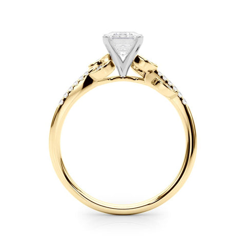 Yellow gold Emerald Solitaire Leaf-Inspired Diamond Ring with Pavé Band and Four-Prong Setting