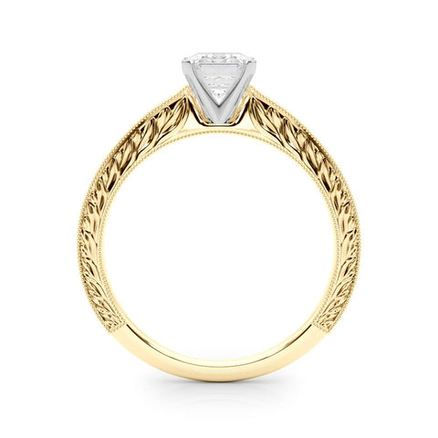 Yellow gold Radiant Solitaire Milgrain Engraved Band with Four-Prong Setting