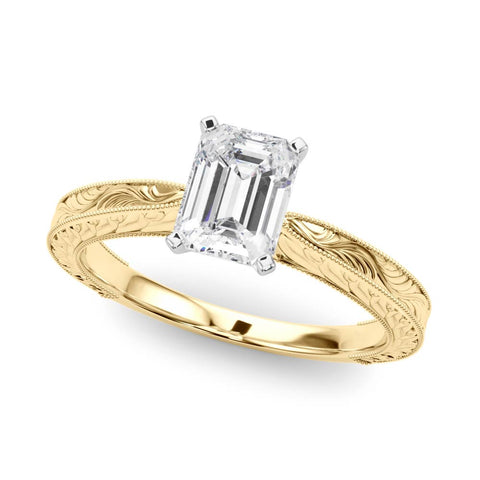 Yellow gold Radiant Solitaire Milgrain Engraved Band with Four-Prong Setting