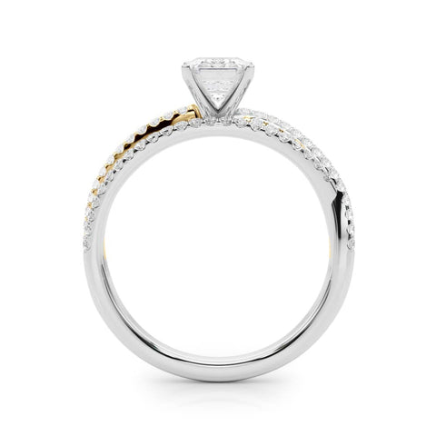 Yellow gold Radiant Solitaire Twist Band with Pavé Setting and Four-Prong Setting