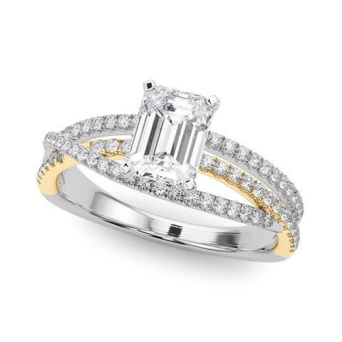 Yellow gold Radiant Solitaire Twist Band with Pavé Setting and Four-Prong Setting