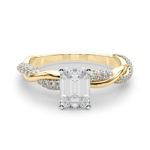 Yellow gold Radiant Solitaire Twist Band with Pave Prong Setting
