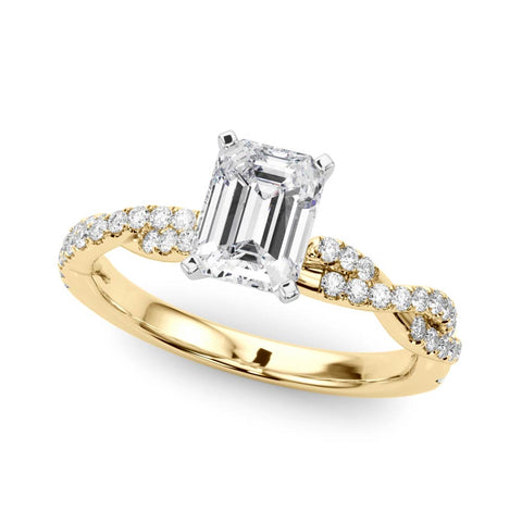 Yellow gold Emerald Solitaire Twisted Pave Band with Four-Prong Setting
