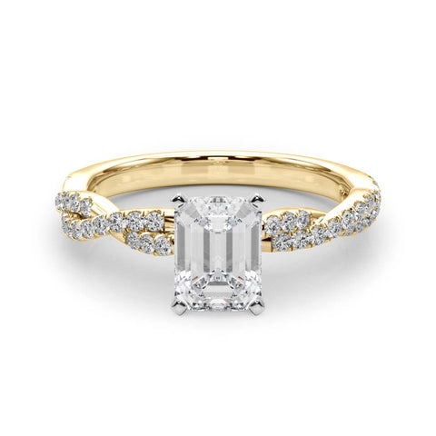 Yellow gold Emerald Solitaire Twisted Pave Band with Four-Prong Setting