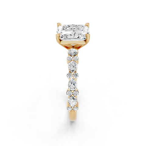Yellow gold Radiant Solitaire with Side Stones, Pave Band, Four-Prong Setting