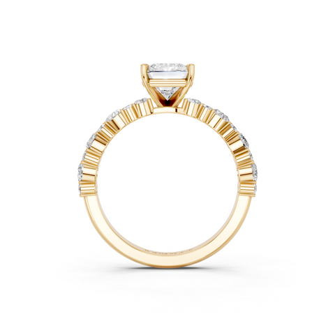 Yellow gold Radiant Solitaire with Side Stones, Pave Band, Four-Prong Setting