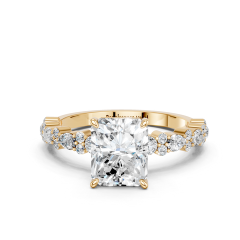 Yellow gold Radiant Solitaire with Side Stones, Pave Band, Four-Prong Setting