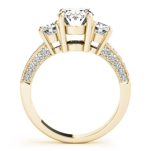 Yellow gold Oval Three-Stone Diamond Ring with Pavé Band and Four-Prong Setting