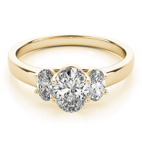 Yellow gold Oval Three-Stone Diamond Ring with Prong Setting on a Classic Band