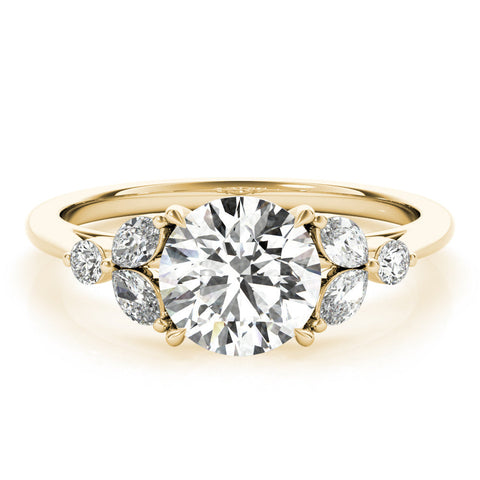 Yellow gold Round Brilliant Cluster Diamond Ring with Marquise and Round Cut Stones on a Classic Band with Four-Prong Setting