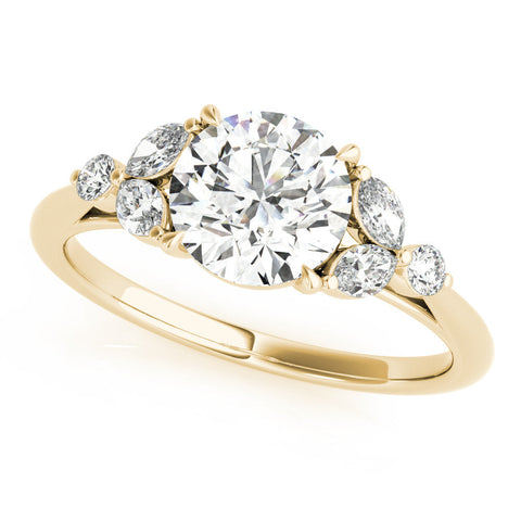 Yellow gold Round Brilliant Cluster Diamond Ring with Marquise and Round Cut Stones on a Classic Band with Four-Prong Setting