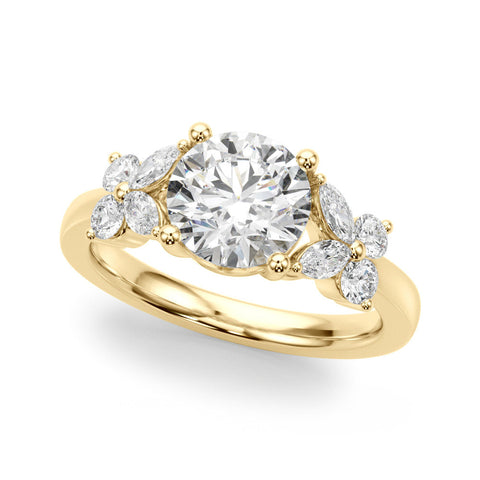 Yellow gold Round Brilliant Diamond Floral Cluster Solitaire with Marquise and Pear Accents in Four-Prong Setting