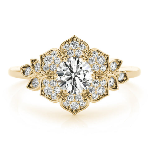 Yellow gold Round Brilliant Diamond Floral Halo Ring with Pavé Band and Four-Prong Setting