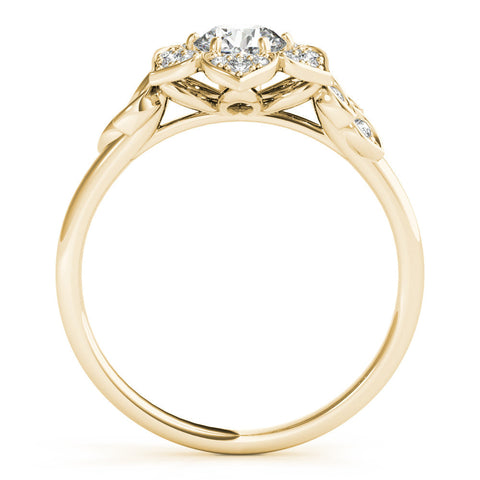 Yellow gold Round Brilliant Diamond Floral Halo Ring with Pavé Band and Four-Prong Setting