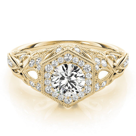 Yellow gold Round Brilliant Diamond Milgrain Filigree Halo Ring