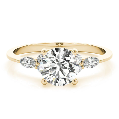 Yellow gold Round Brilliant Diamond Solitaire Ring with Pear Side Stones and Four-Prong Setting