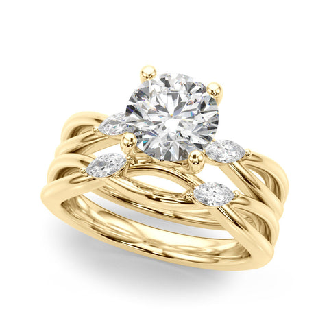 Yellow gold Round Brilliant Diamond Solitaire with Marquise Side Stones on a Twisted Band and Four-Prong Setting