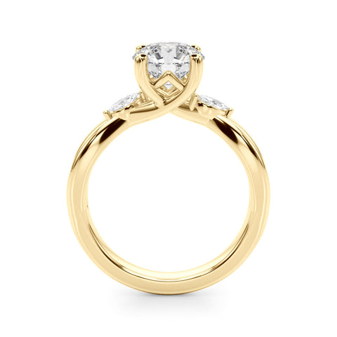 Yellow gold Round Brilliant Diamond Solitaire with Marquise Side Stones on a Twisted Band and Four-Prong Setting