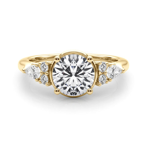 Yellow gold Round Brilliant Diamond Solitaire with Side Stones on a Tapered Band and Four-Prong Setting
