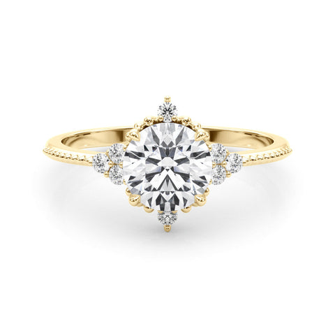 Yellow gold Round Brilliant Diamond with Cluster Setting on a Beaded Band and Four-Prong Setting