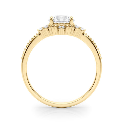 Yellow gold Round Brilliant Diamond with Cluster Setting on a Beaded Band and Four-Prong Setting