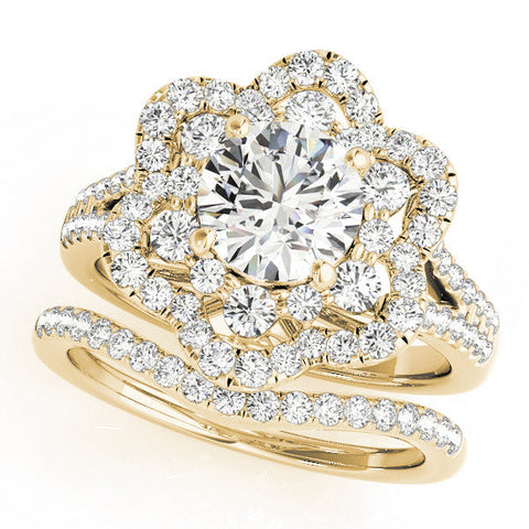 Yellow gold Round Brilliant Double Halo Floral Pave Split Shank Prong Setting Ring