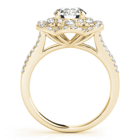 Yellow gold Round Brilliant Double Halo Floral Pave Split Shank Prong Setting Ring