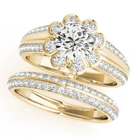 Yellow gold Round Brilliant Flower Halo Diamond Split Shank Ring