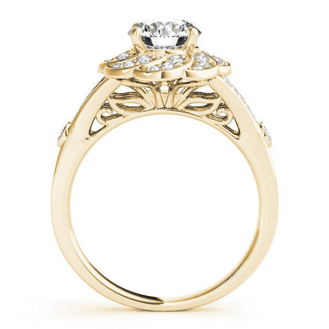 Yellow gold Round Brilliant Halo Floral Diamond Engagement Ring with Pave Band and Prong Setting