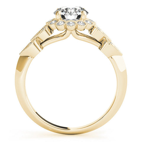 Yellow gold Round Brilliant Milgrain Pave Heart Band Solitaire Ring
