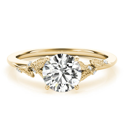 Yellow gold Round Brilliant Solitaire with Leaf Motif Band and Four-Prong Setting