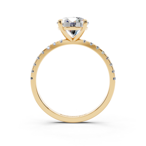 Yellow gold Round Brilliant Solitaire with Pavé Band and Four-Prong Setting