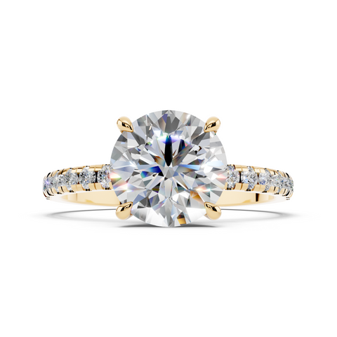 Yellow gold Round Brilliant Solitaire with Pavé Band and Four-Prong Setting