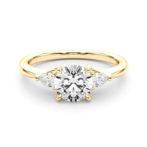 Yellow gold Round Brilliant Three-Stone Ring with Pear Side Stones and Four-Prong Setting