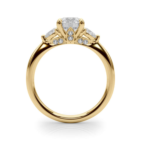 Yellow gold Round Brilliant Three-Stone Ring with Pear Side Stones and Four-Prong Setting